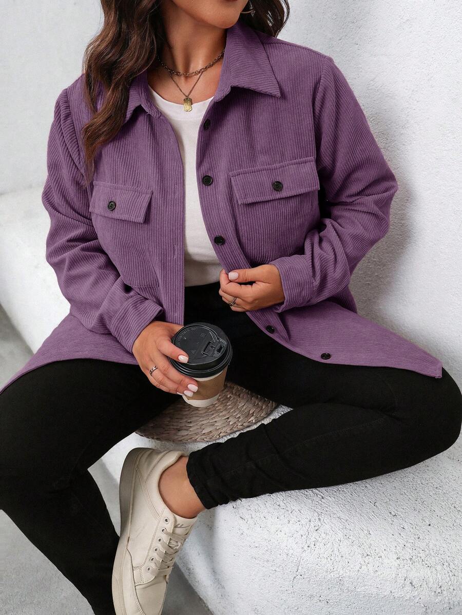 SHEIN LUNE 大码女式纯色长袖单扣宽松休闲夹克，秋季 - 淡紫色 - 查看 1