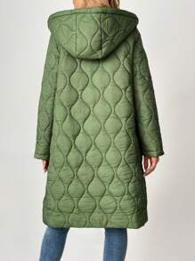 SHEIN Tall Solid Slant Pocket Zip Up Hooded Longline Quilted Coat - Green - View 2