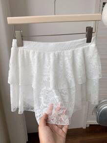 Comfortcana Women's White Lace Knit Bow-Decorated A-Line Skirt - White - View 2