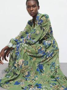 Maija 女士花卉印花 V 领长袖绿色连衣裙，休闲度假时尚百搭，春夏