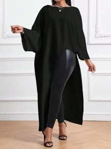 SHEIN Lady 秋冬季休闲白色编织圆领不对称长款大码衬衫长袍 - 黑色 - 查看 5