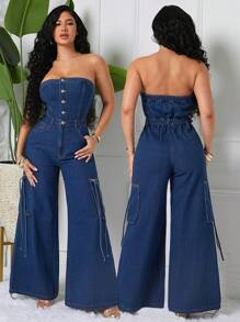 SHEIN SXY Women's Fashionable Strapless Wide-Leg Denim Jumpsuit For Autumn