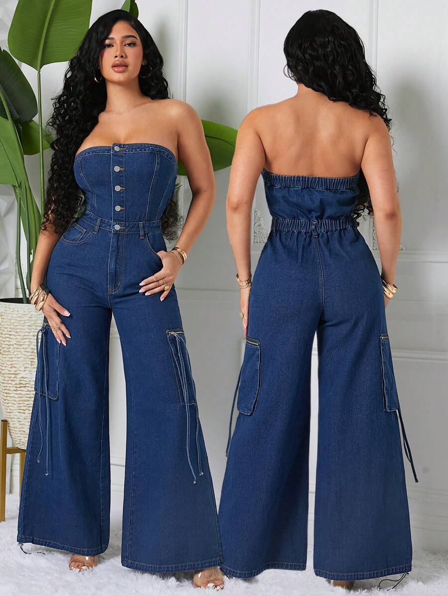 SHEIN SXY Women's Fashionable Strapless Wide-Leg Denim Jumpsuit For Autumn