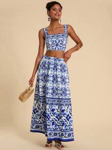 Travachic 度假编织印花短款上衣和长款女式裙子，秋装，两件套秋装，女士两件套，女士裙子套装，女士套装 - 藍色 - 查看 4