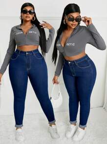 SHEIN SXY Plus Size Women Casual Zip Up Skinny Jeans