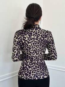 DAZY Women's Autumn High Collar Leopard Print Ruched Fitted T-Shirt Cheetah Print Long Sleeve Women Tops,Fall Women Clothes - Brown - View 2