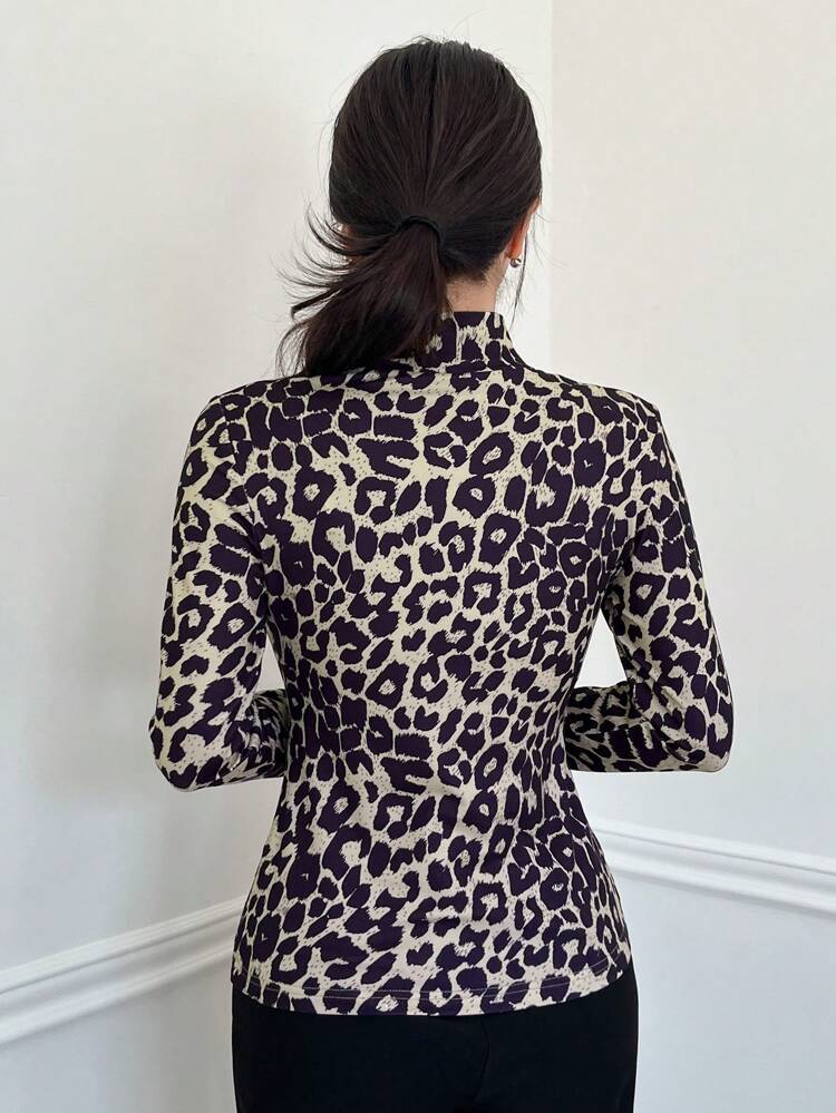 Women's Autumn High Collar Leopard Print Ruched Fitted T-Shirt Cheetah Print Long Sleeve Women Tops,Fall Women Clothes
