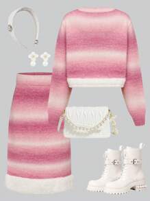 2 件装少女渐变粉色花卉 3D 装饰毛绒面料套头衫和裙子套装 - 粉色 - 查看 5