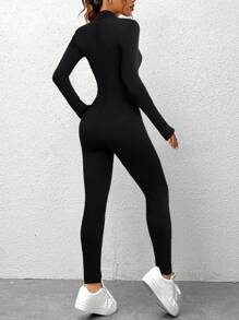 SHEIN SXY Women Solid Color Hollow Stand Collar Long Sleeve Sexy Skinny Jumpsuit