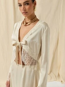 COSMINA Autumn/Winter 2pcs/Set Women Lace Trim Tie Front Long Sleeve Blouse And Skirt Outfit - Apricot - View 7