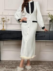 Modelyn 女士迷人优雅拼色毛边灯笼袖紧身连衣裙长款晚礼服 - 白色 - 查看 3