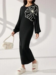 Modelyn Damen Strickpulloverkleid mit kontrastfarbener Stickerei und 3D-Blumenmuster und langen Ärmeln, Drop-Shoulder - Schwarz - Übersicht 4