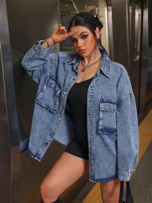 SHEIN EZwear 1pc Women Casual Oversized Front Button Drop Shoulder Denim Jacket, Suitable For Autumn - Medium Wash - View 7