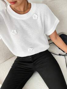 SHEIN Frenchy 女士休闲纯色蝙蝠袖 3D 花朵针织毛衣