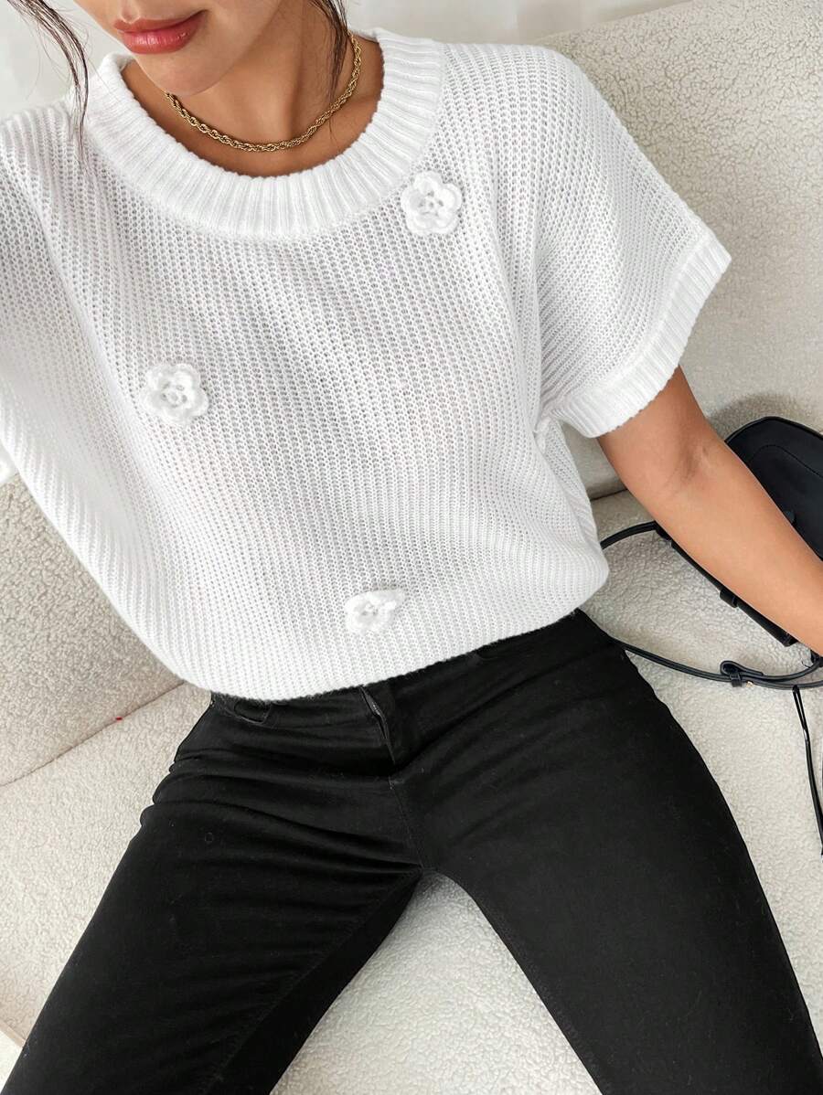 SHEIN Frenchy 女士休闲纯色蝙蝠袖 3D 花朵针织毛衣