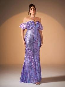 Mgiacy 加大码露肩缎面拼布泡泡袖修身美人鱼伴娘礼服 - 紫色 - 查看 6