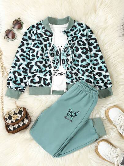 Conjunto casual de chaqueta de béisbol con estampado de leopardo, camiseta con estampado de mariposa y pantalón de chándal para niña, otoño/primavera