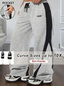 SHEIN CURVE+ 大码女式运动拼布灰色运动裤