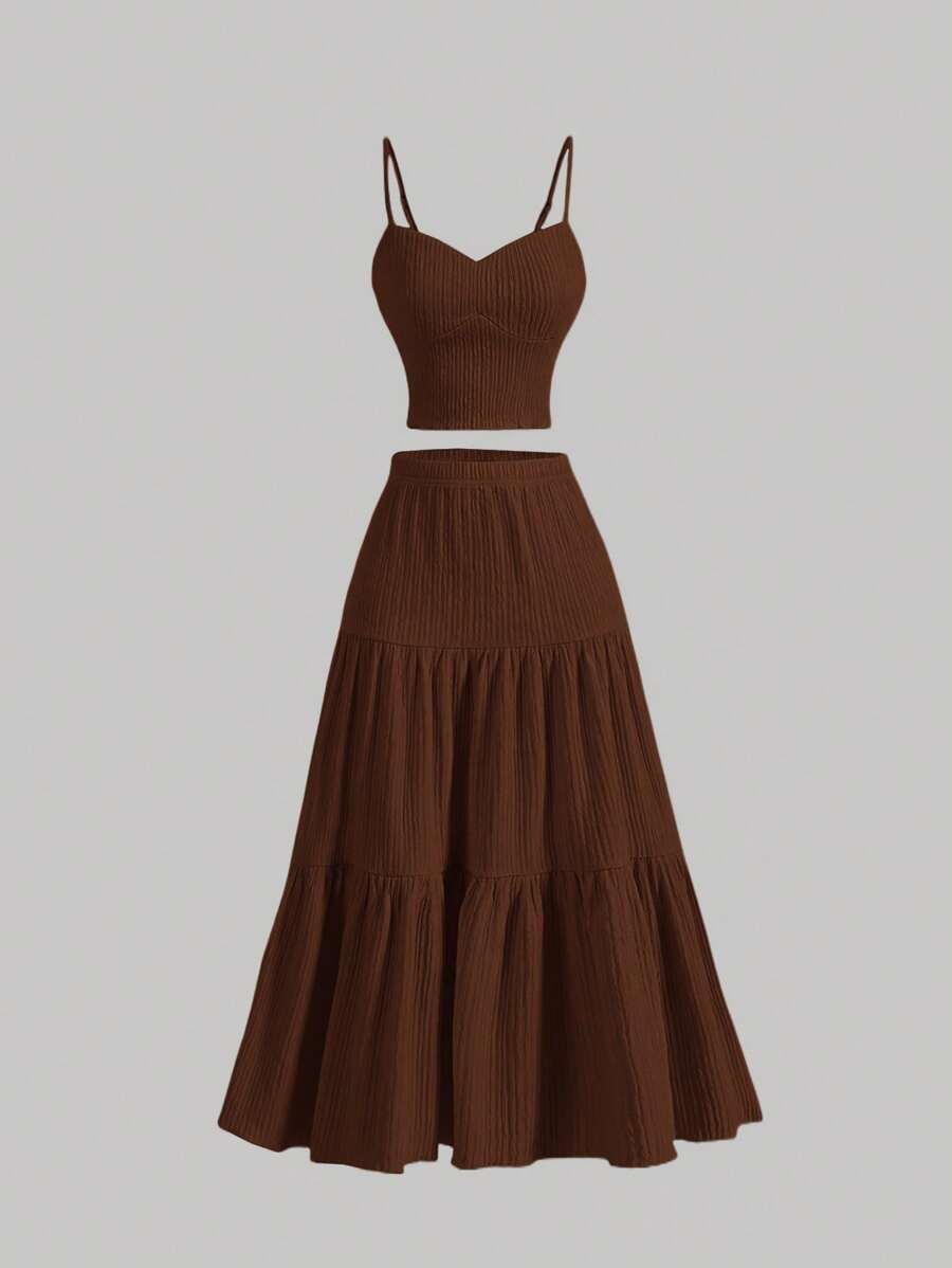 SHEIN MOD Beige Women's Camisole And Women's Long Midi Skirt Set - Brown - View 1