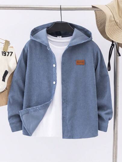 SHEIN 青少年男孩休闲秋冬灯芯绒贴花装饰宽松套头衫