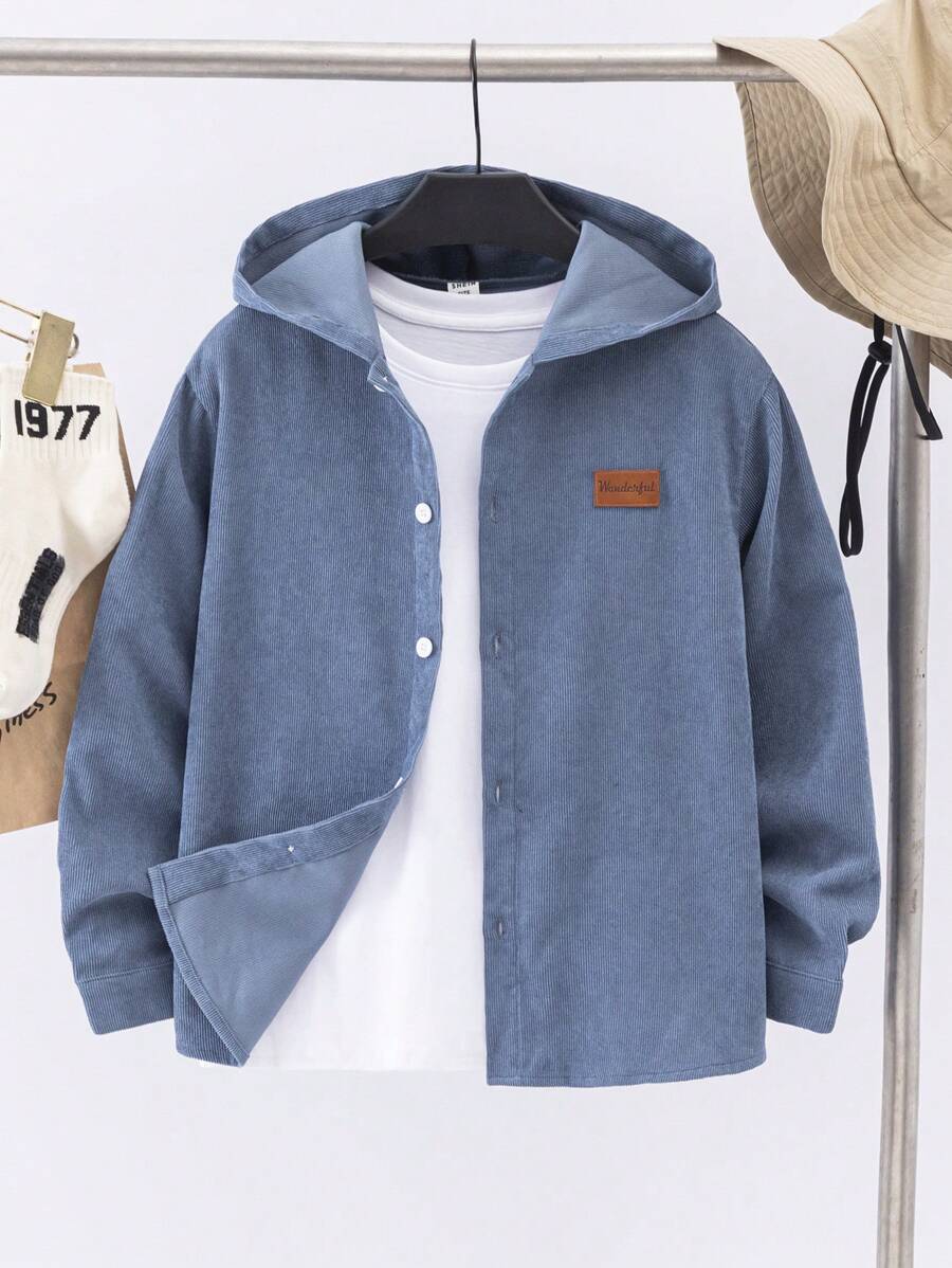 SHEIN 青少年男孩休闲秋冬灯芯绒贴花装饰宽松套头衫 - 霧霾藍 - 查看 1
