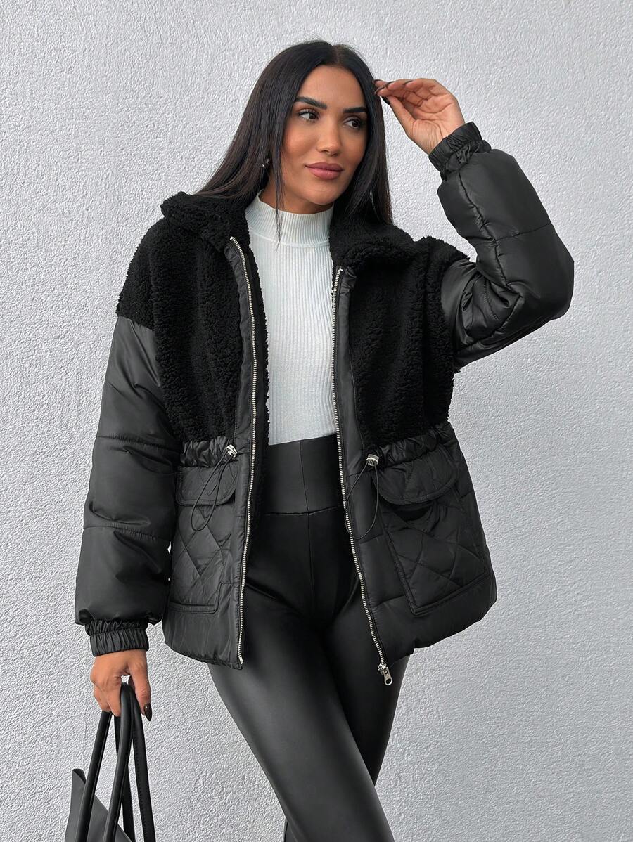 EURMUSE Teddy Fur Detailed, Draw String Waist Detailed Puffer Winter Coat - Black - View 1