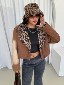 Veste en jean courte style décontracté de rue pour femme, avec col en léopard, fermeture éclair devant. Avec doublure thermique épaisse en denim - Tabac - Voir 5