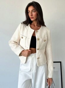 Aloruh Chaqueta elegante y vintage con botones de metal cortos, decorativa, a prueba de viento, forrada y cálida, cómoda y de gran calidad