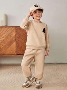 Cozy Pixies 2 件装小男孩恐龙印花柔软针织圆领套头连帽衫和抽绳裤套装