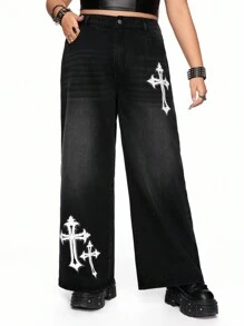 ROMWE Grunge Punk Plus Size Punk Cross Print Rhinestone Vintage Wash Loose Fit Jeans