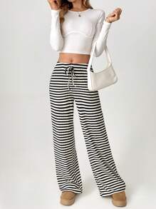 SHEIN Tall Quần sọc thắt nơ phía trước cho nữ - màu đen - Xem 6