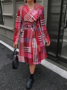 Chiquease Veste à col cascade à blocs de couleurs et à carreaux pour femme, automne - Multicolore - Voir 6