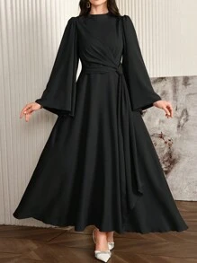 Modelyn 女士纯色立领喇叭袖束腰优雅阿拉伯朴素长袖连衣裙长款晚礼服 - 黑色 - 查看 7
