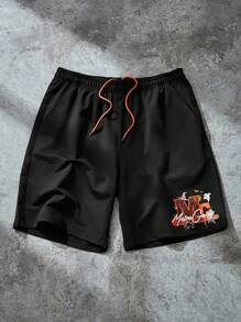 Manfinity Sport Corelite Boyfriend Style Men's Halloween Print Drawstring Waist Athletic Shorts - Black - View 2