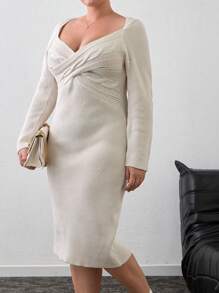 RueChic Sweetheart Neck Twist Front Ribbed Knit Dress - White - View 5