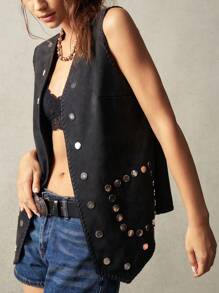 Bohemela 1pc Women Solid Woven Loose Rivet Decor Vest, Suitable For Holiday
