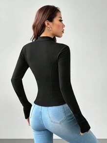 SHEIN ICON Chaqueta de protección solar de punto negra para mujer, blusa casual de manga larga con cierre delantero liso para mujer, traje de mujer para el Día de Acción de Gracias, sudadera para mujer - Negro - Ver 2