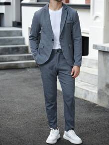 Manfinity Mode Men's Solid Color Single-Breasted Long Sleeve Suit Jacket And Pocket Suit Pants Business Suit Set - Grey - View 6