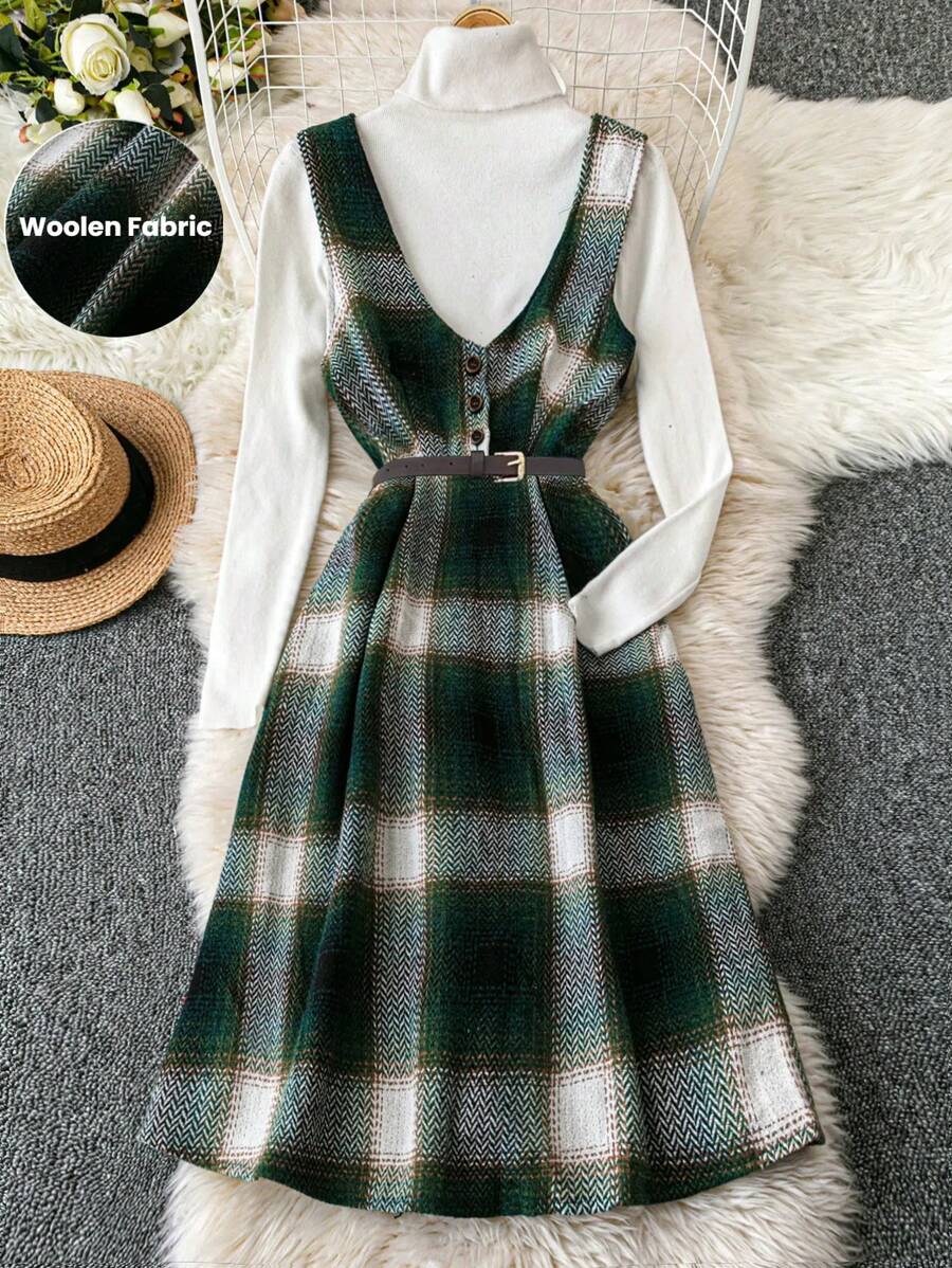 SHEIN Clasi 女士休闲格子无袖连衣裙，秋冬季长款女装