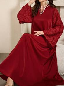 Al Najma 勃艮第红色女士 V 领喇叭袖仿珍珠装饰优雅阿拉伯连衣裙，优雅朴素的华丽束腰外衣阿拉伯连衣裙，适合晚会/休闲日常 - 酒紅色 - 查看 6