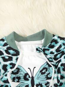 SHEIN Elladie kids Young Girl Leopard Print Baseball Jacket, Butterfly Print T-Shirt And Sweatpants 3pcs Casual Set, Spring Autumn - Multicolor - View 8