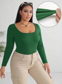 SHEIN EZwear 适合春冬季的加大罗纹针织紧身衣 - 墨綠色 - 查看 1