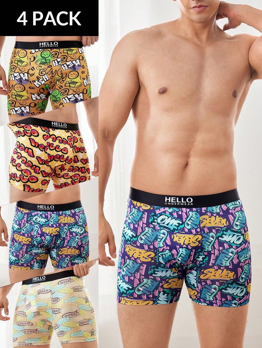 4pcs/Pack Men's Letter Print Boxer Briefs - Multicolor - View 1