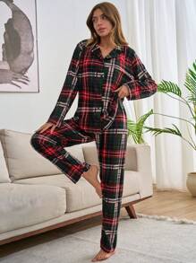 RueChic 2pcs Suede Plaid Buttın Front Homewear Set - Multicolor - View 5