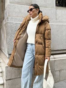 EURMUSE Camel Hooded Padded Long Winter Coat - Camel - View 1