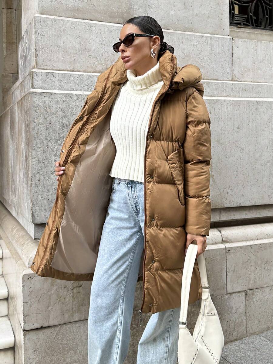 EURMUSE Camel Hooded Padded Long Winter Coat - Camel - View 1