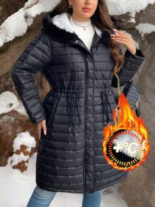 SHEIN Privé 大码优雅通勤休闲学院风连帽拉链长袖抽绳腰部保暖加厚冬季夹克 - 黑與白 - 查看 4