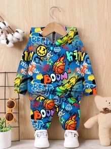 SHEIN Leap Crew 男婴休闲宽松卡通抽象图案柔软针织连帽卫衣套装，适合秋冬季穿着 - 彩色 - 查看 2