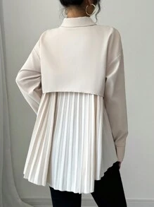 Chiquease 女式杏色卡其色拼布原创设计弧形褶皱不对称飘逸休闲宽松婴儿领衬衫领长袖上衣 - 杏色 - 查看 3