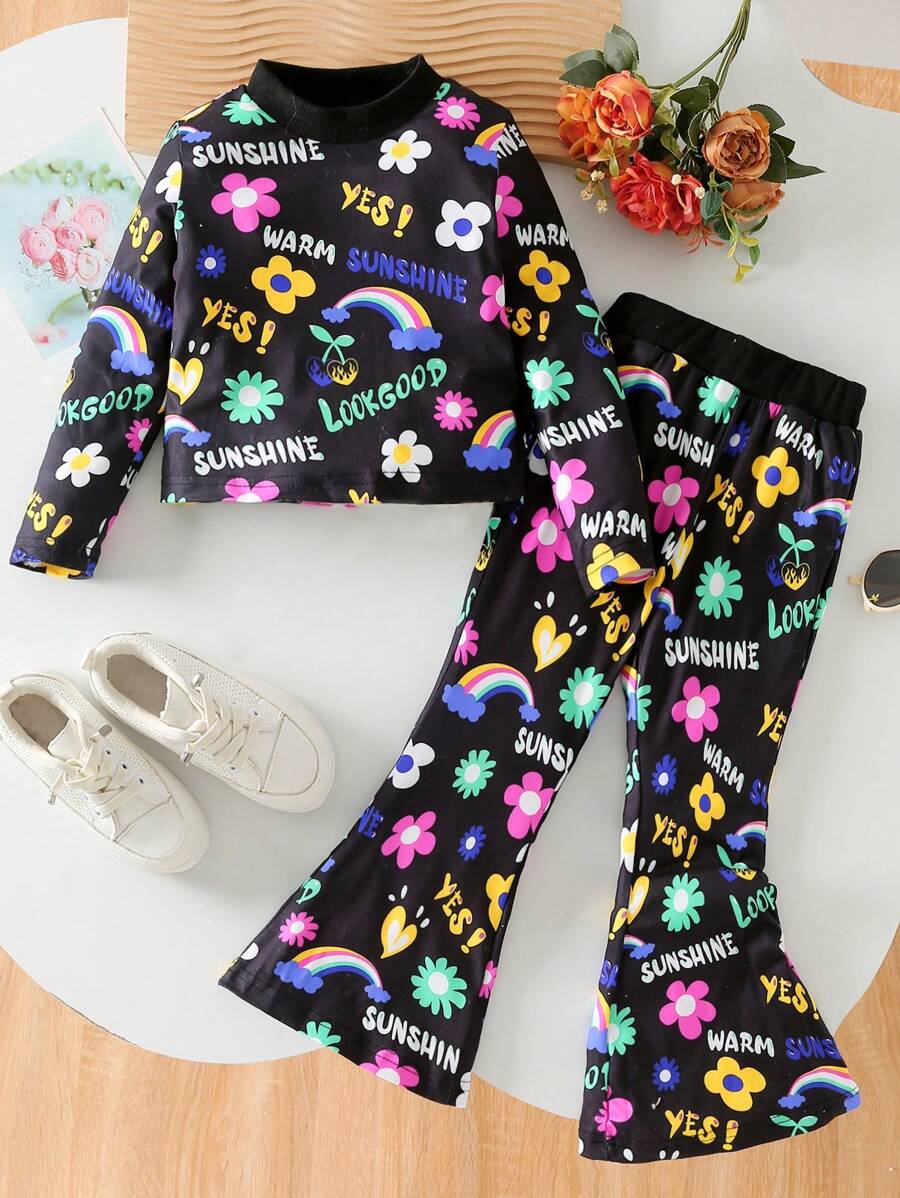SHEIN 2pcs/Set Young Girl Casual Cartoon Printed Loose Fit Round Neck Long Sleeve Top And Elastic Waist Cartoon Printed Flared Pants Outfit